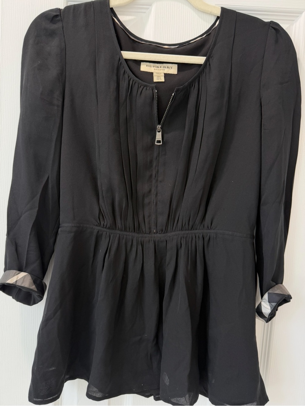 Burberry Black Zip-Peplum Blouse with Check Trim